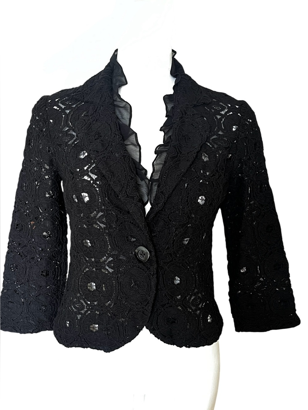Anthropologie Tabitha black lace crop jacket silk ruffle size 4